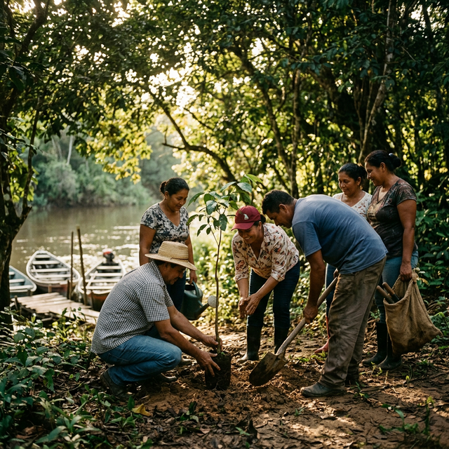 Plantação de mudas na floresta em comunidade